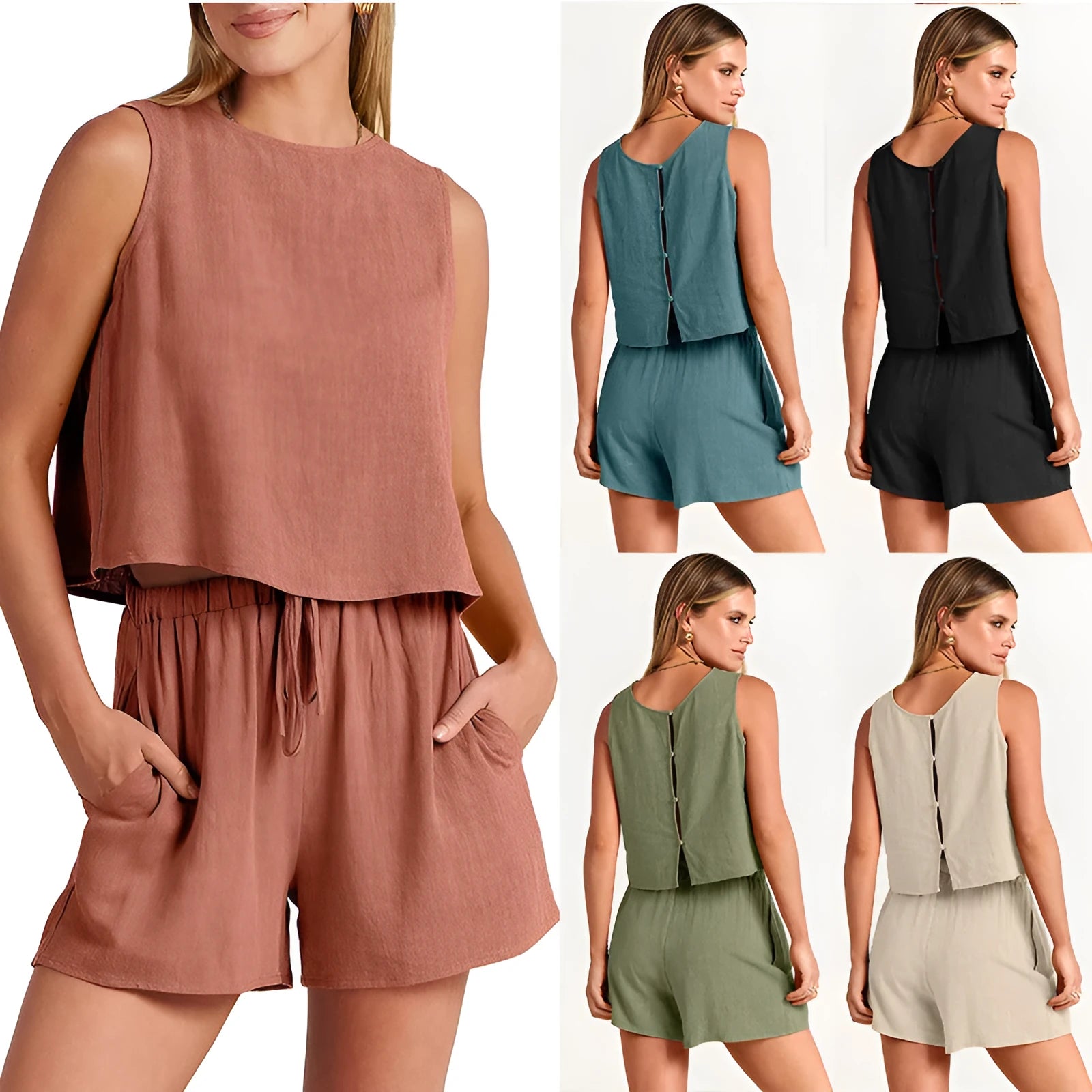 Women's summer two-piece set with sleeveless top and drawstring shorts in multiple colour options