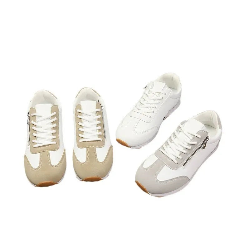 Women's flat-heeled shoes in grey, white, and champagne with rubber sole and PU upper.