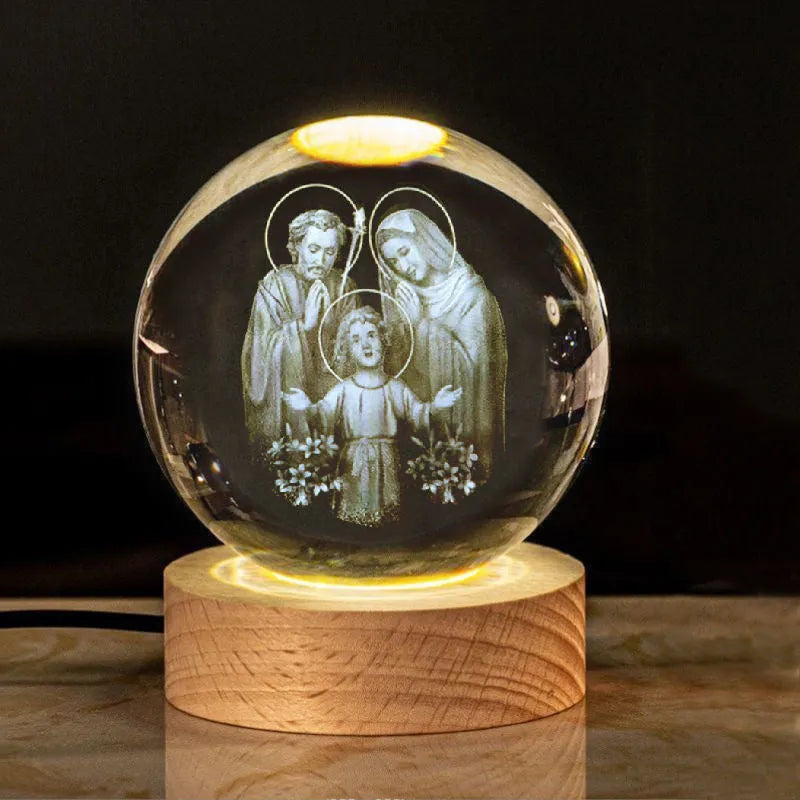 White crystal religious ornament with cross designs on 6cm ball with warm light wood base