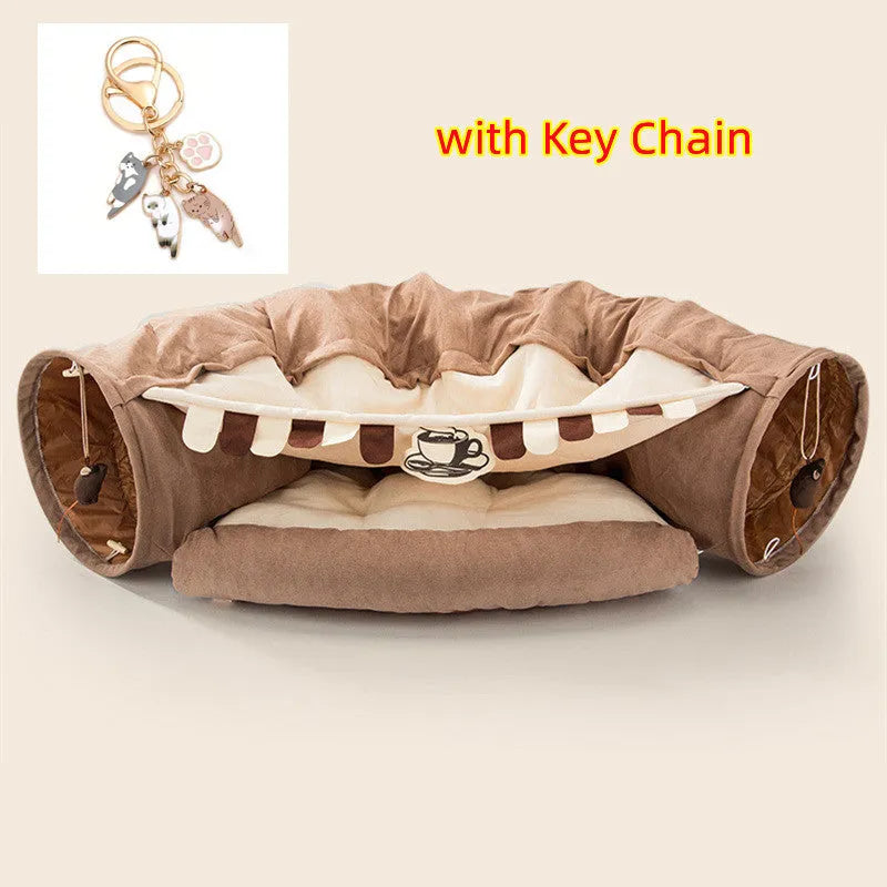 Collapsible cloth cat tunnel in bar, coffee, matcha, or pink colour, showing its 45cm length.