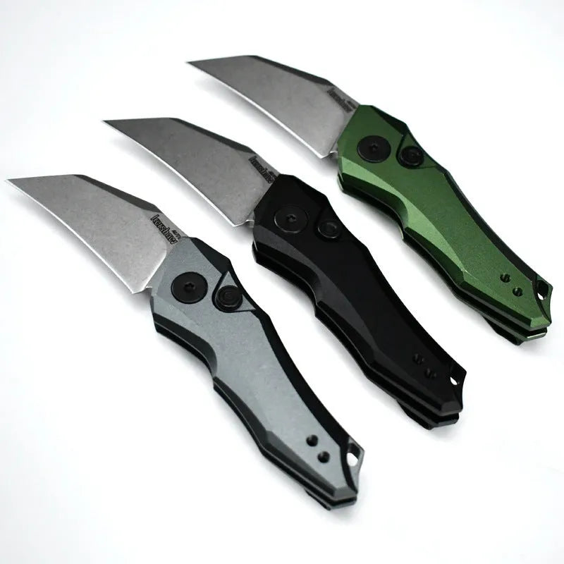 Outdoor folding pocket knife with metal construction in black, grey and green colour options