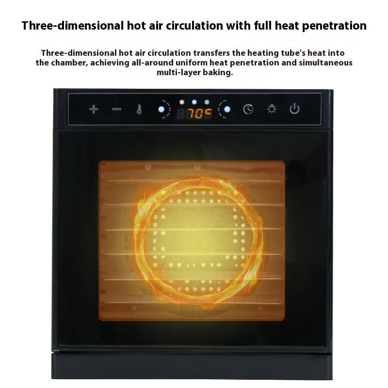 Stainless steel fruit dehydrator with transparent skylight lid showing six drying trays inside