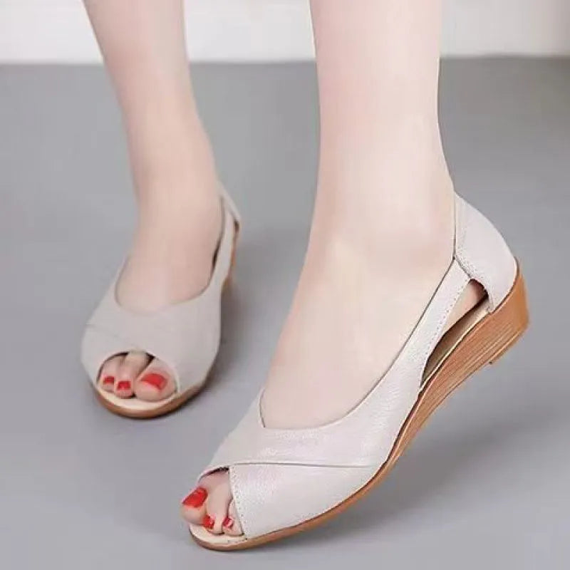 Women's casual peep toe sandals with ankle buckle in black, milky white, and peacock blue.