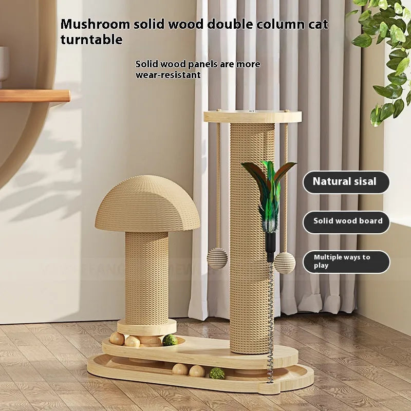 Solid wood cat scratching post with turntable and climbing platforms