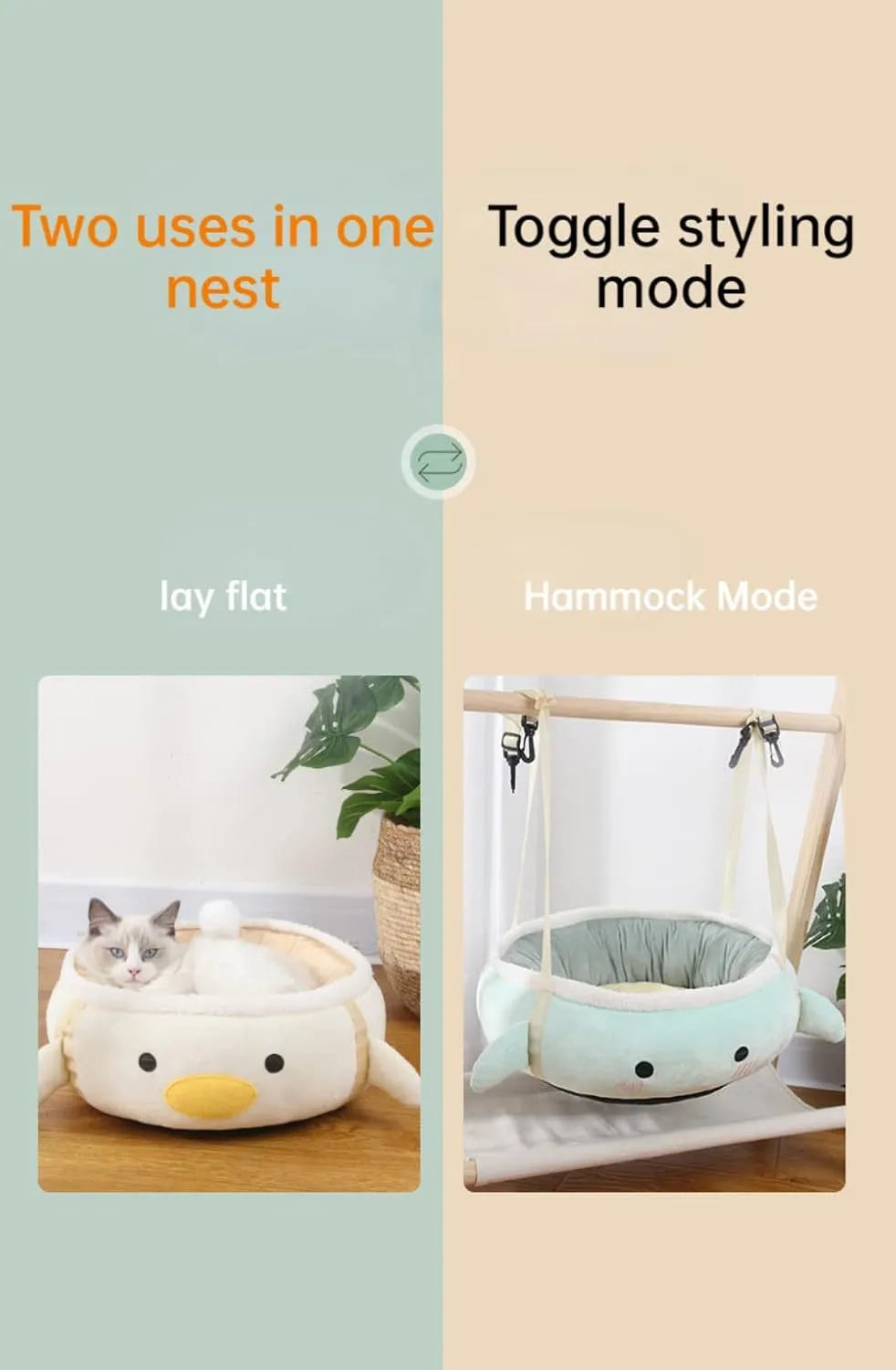 Green chick-shaped cat bed shown both hanging as a hammock and lying flat on the floor.
