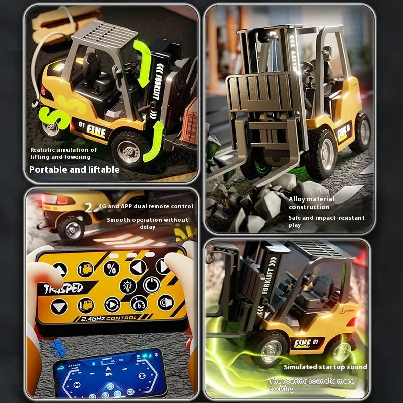 1:64 scale Bluetooth remote-control alloy forklift model with accessories and obstacle course