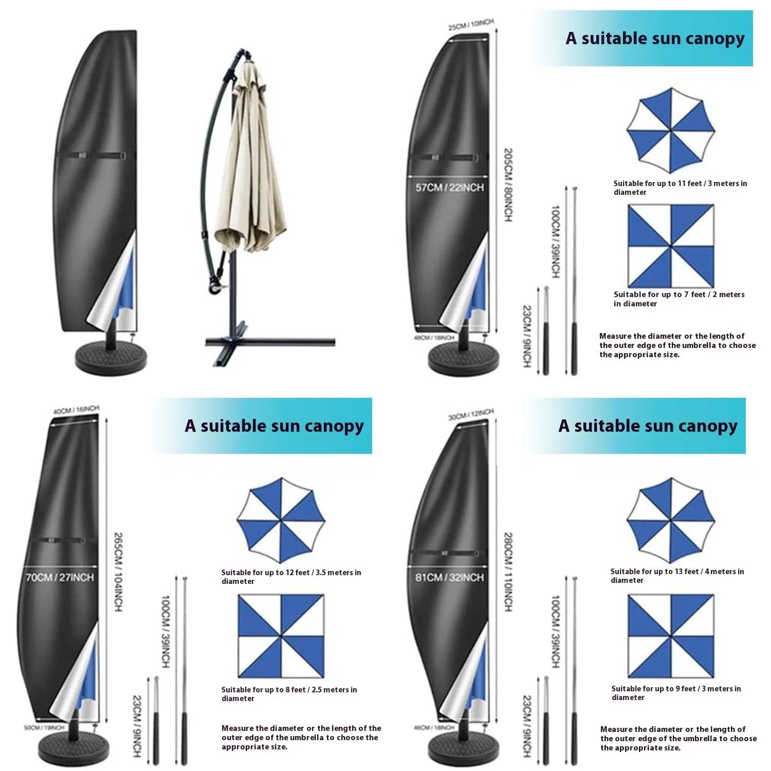 A grey waterproof oxford cloth cover for a large offset garden umbrella.
