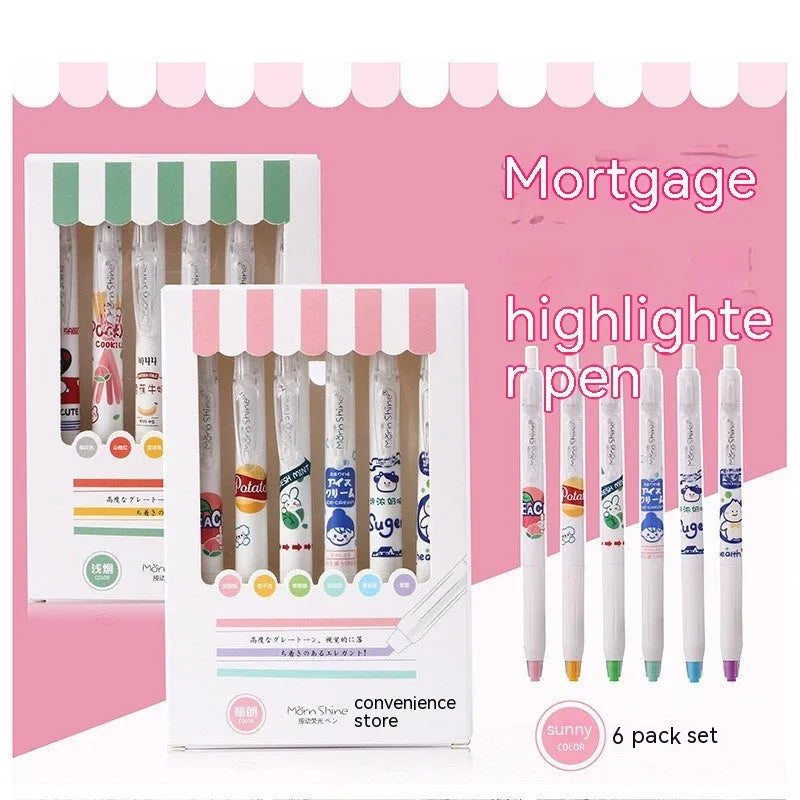 Boxed set of six fluorescent highlighter pens with plastic shells and oblique heads in three colour options