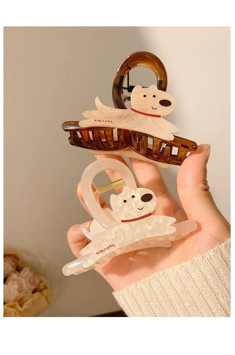 Cartoon puppy barrette hair clip in beige or brown with puppy handle design measuring 13cm or 8cm