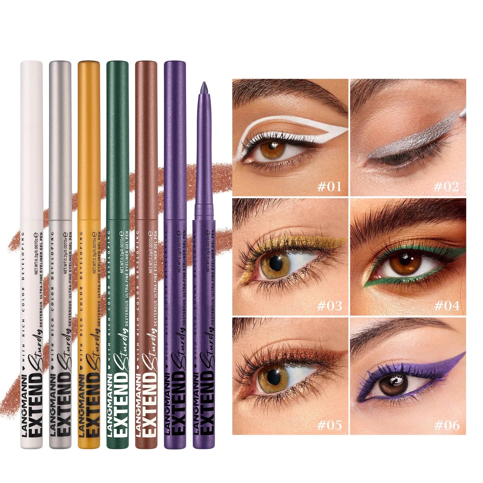 12 colourful gel glitter eyeliner pencils with various shades arranged in a set