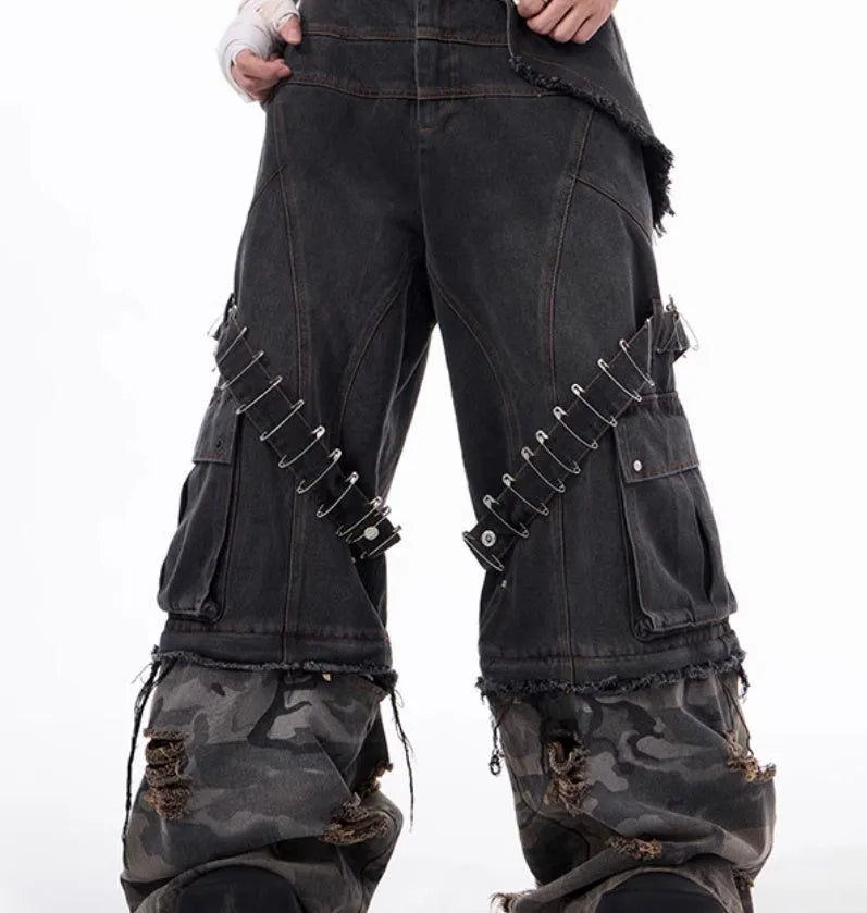 Men's grey camouflage jeans with pin and ribbon detailing on cotton denim fabric