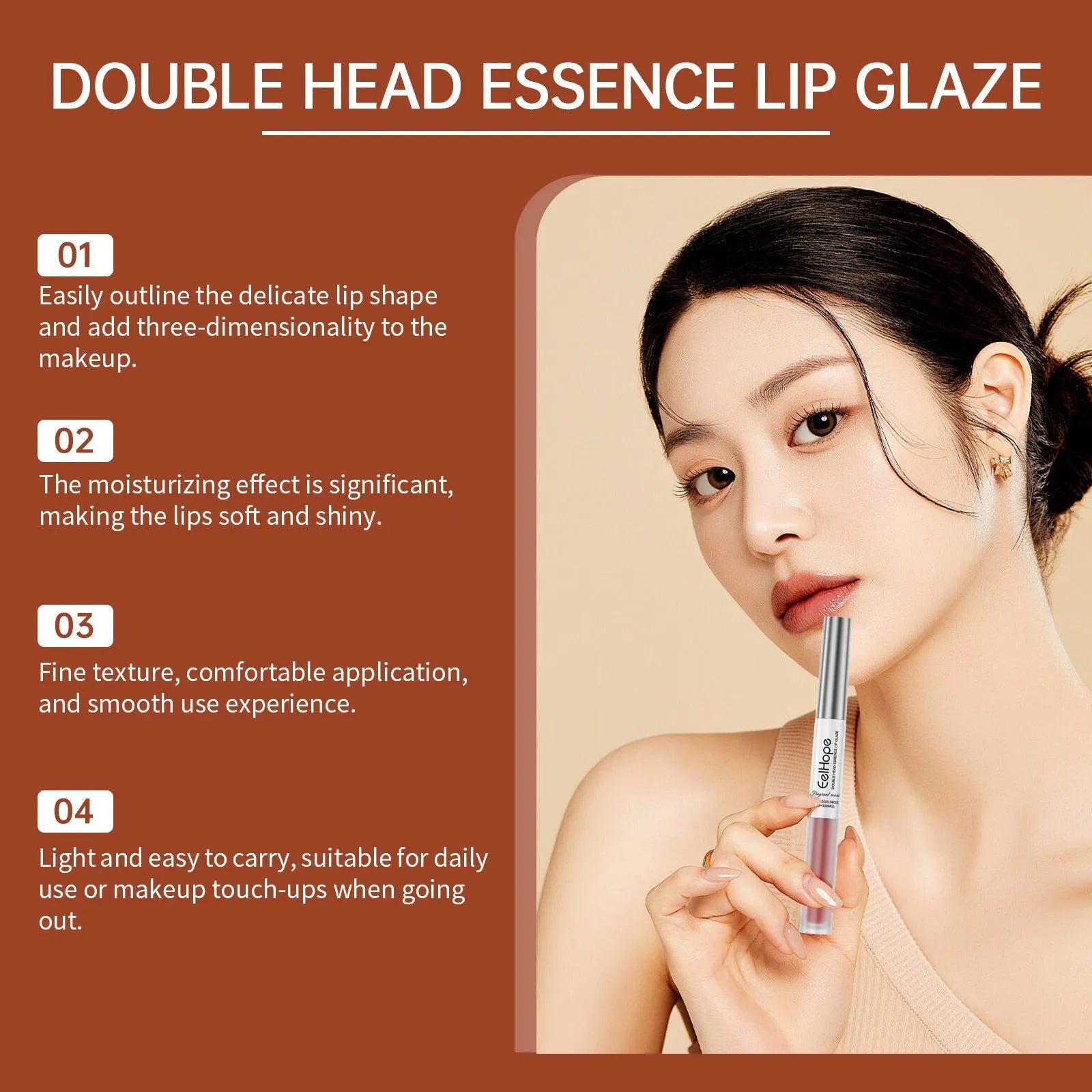 Double-headed lip liner and lip lacquer pen in a case, showing two colour-coordinated tips.