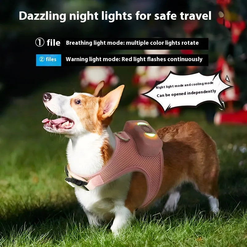 Small dog cooling harness with air conditioner, breathable mesh, LED night light, mint green or cherry pink, XS-L