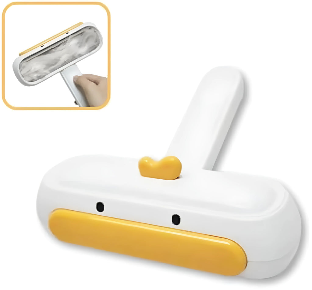 Yellow duck cartoon style portable reusable pet hair remover for furniture and car seats.
