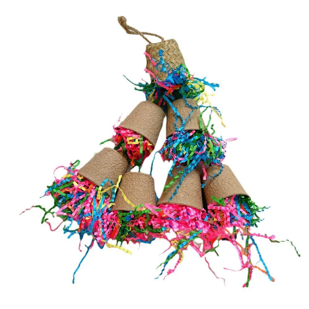 Wood colour parrot paper cup palm weaving gnawing toy hanging at 38cm height