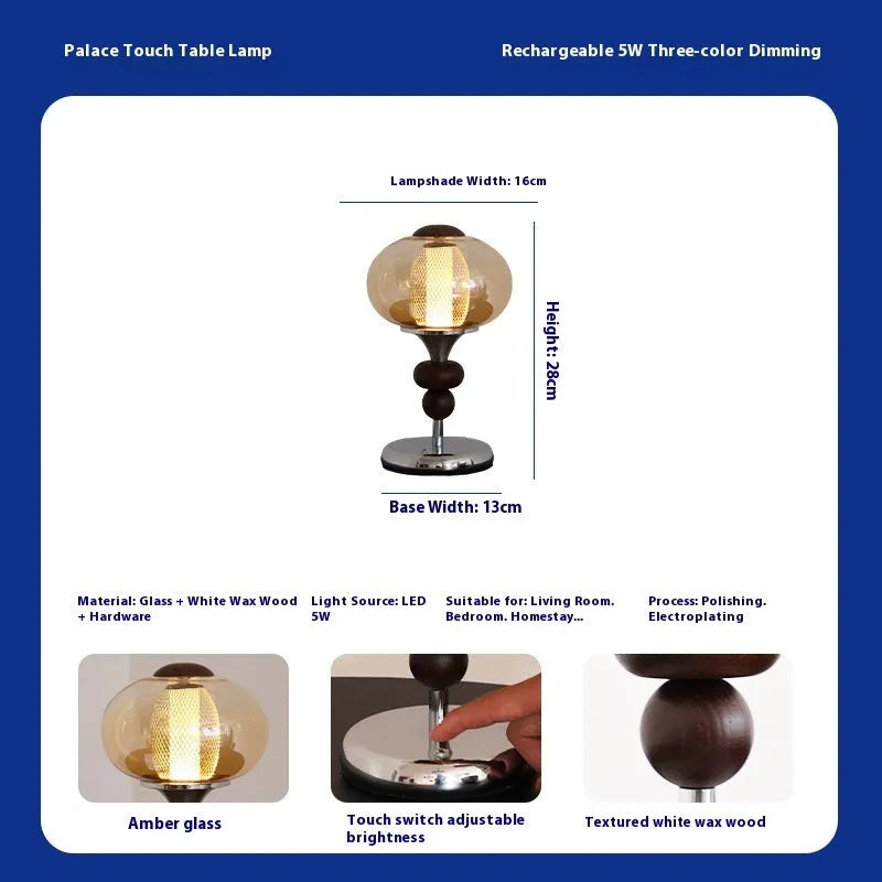 Solid wood retro palace desk lamp with USB cable and touch control panel showing three light colours