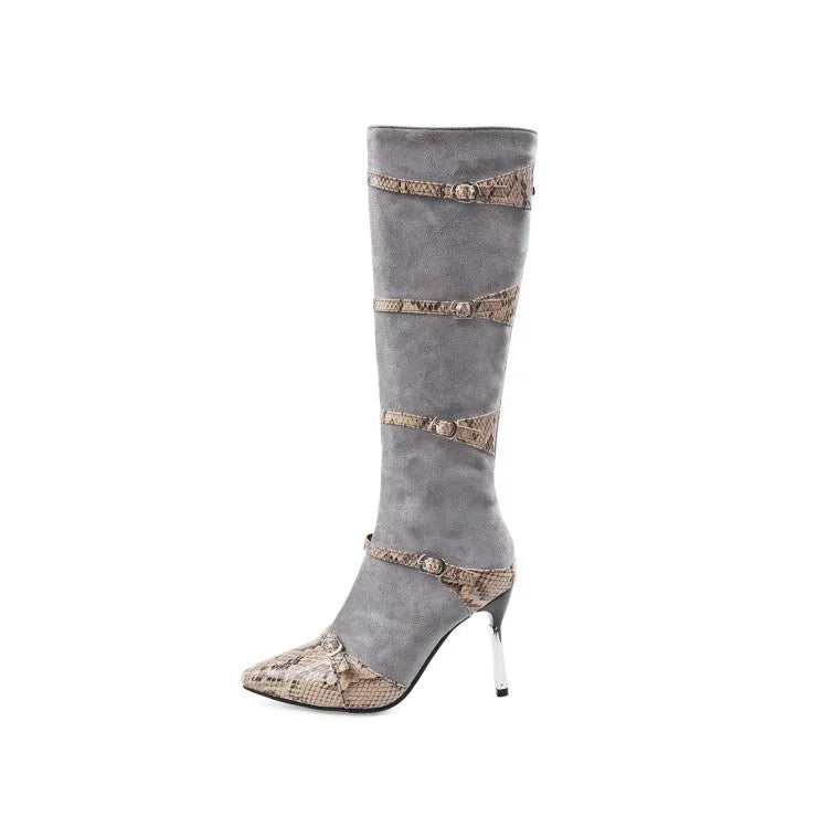 Grey and black women's knee-high boots with a thin high heel on a neutral background.