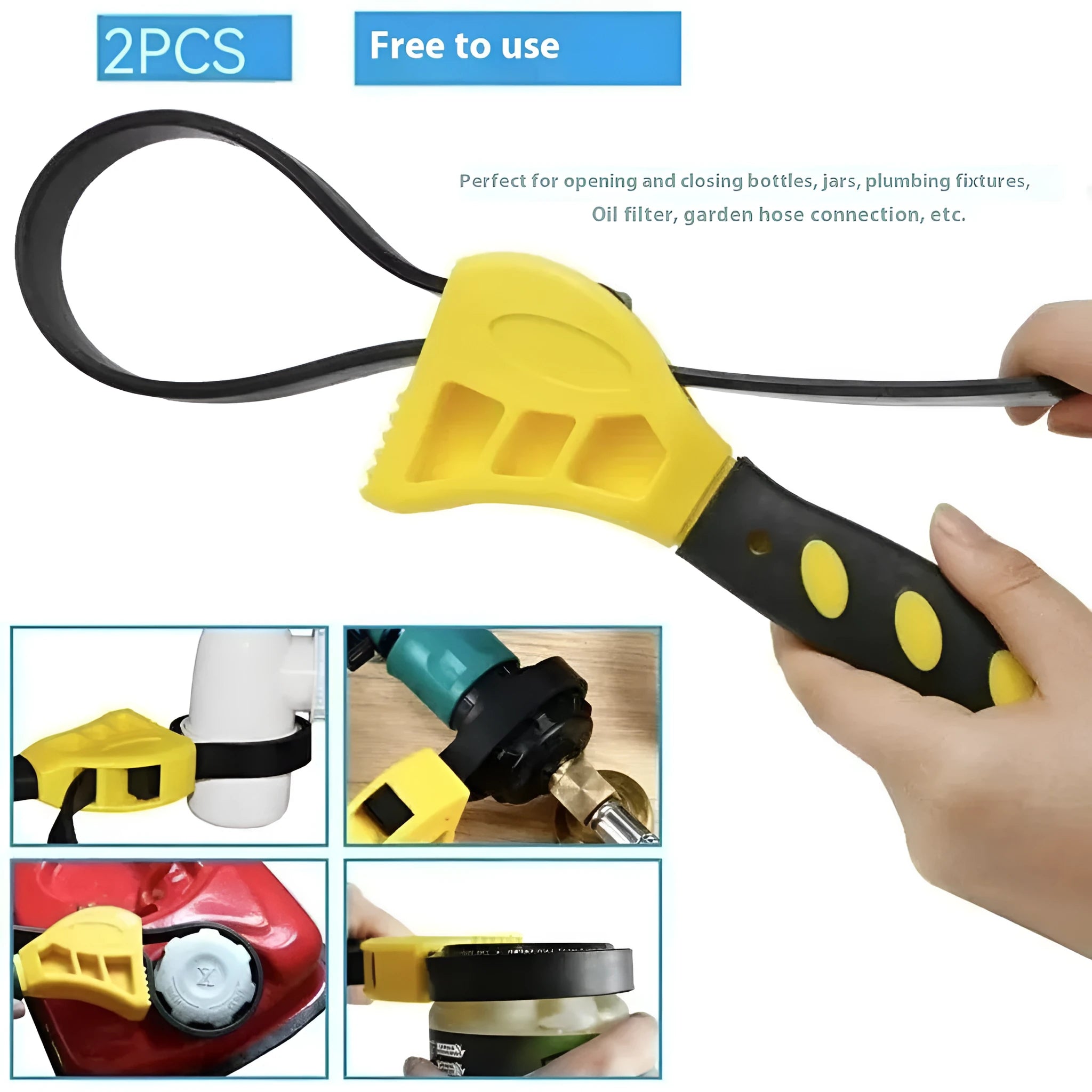 Adjustable rubber strap wrench showing plastic body and rubber strap in 6-inch and 8-inch sizes