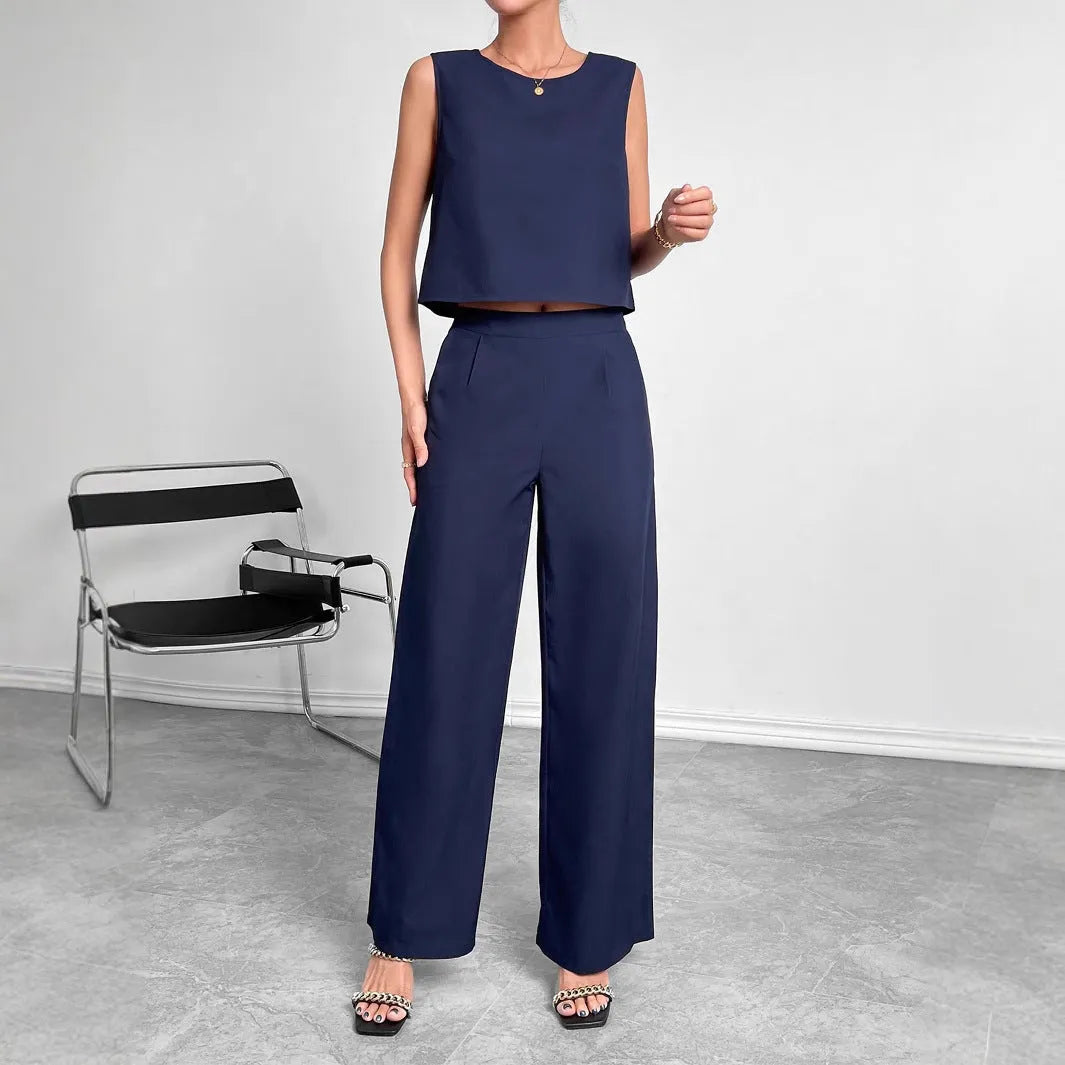 Red women's sleeveless top and wide leg trousers two-piece set on hanger