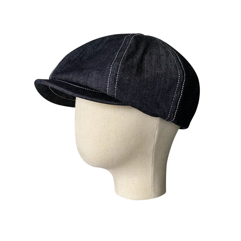 Black Japanese denim beret hat showing retro design with cotton construction