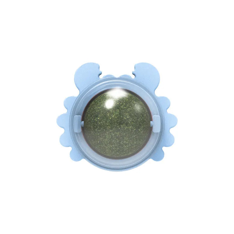 Catnip wall ball toy with three removable balls in blue, green and pink, mounted on a smooth wall for cats.
