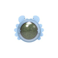 Catnip wall ball toy with three removable balls in blue, green and pink, mounted on a smooth wall for cats.