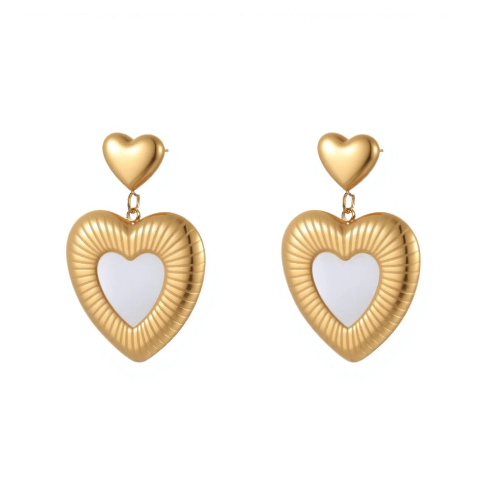 Women's heart-shaped fritillary earrings in stainless steel with white electroplated finish and gold details
