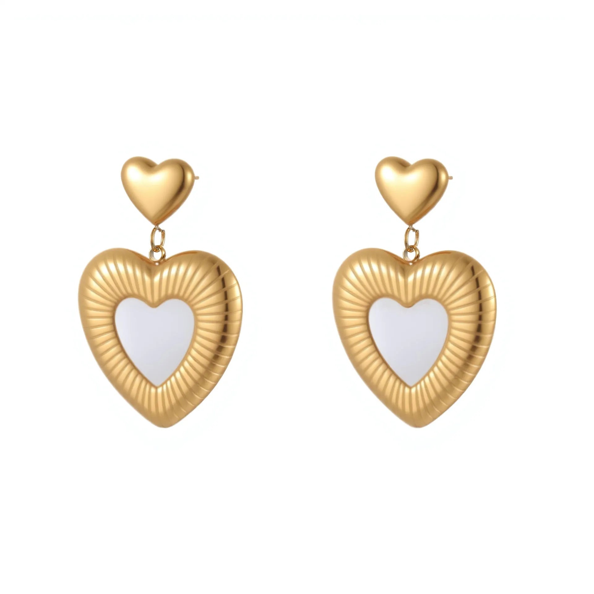 Women's heart-shaped fritillary earrings in stainless steel with white electroplated finish and gold details