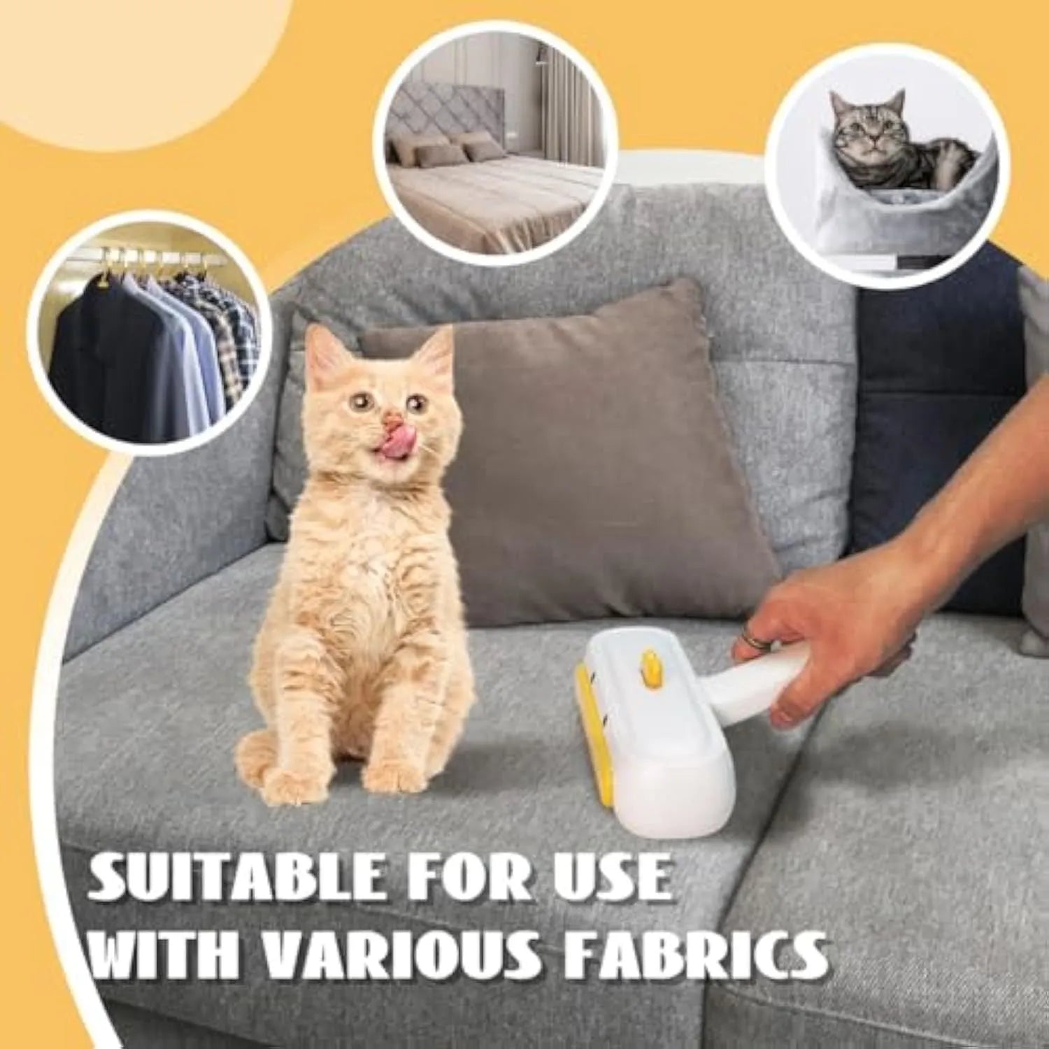 Yellow duck cartoon style portable reusable pet hair remover for furniture and car seats.