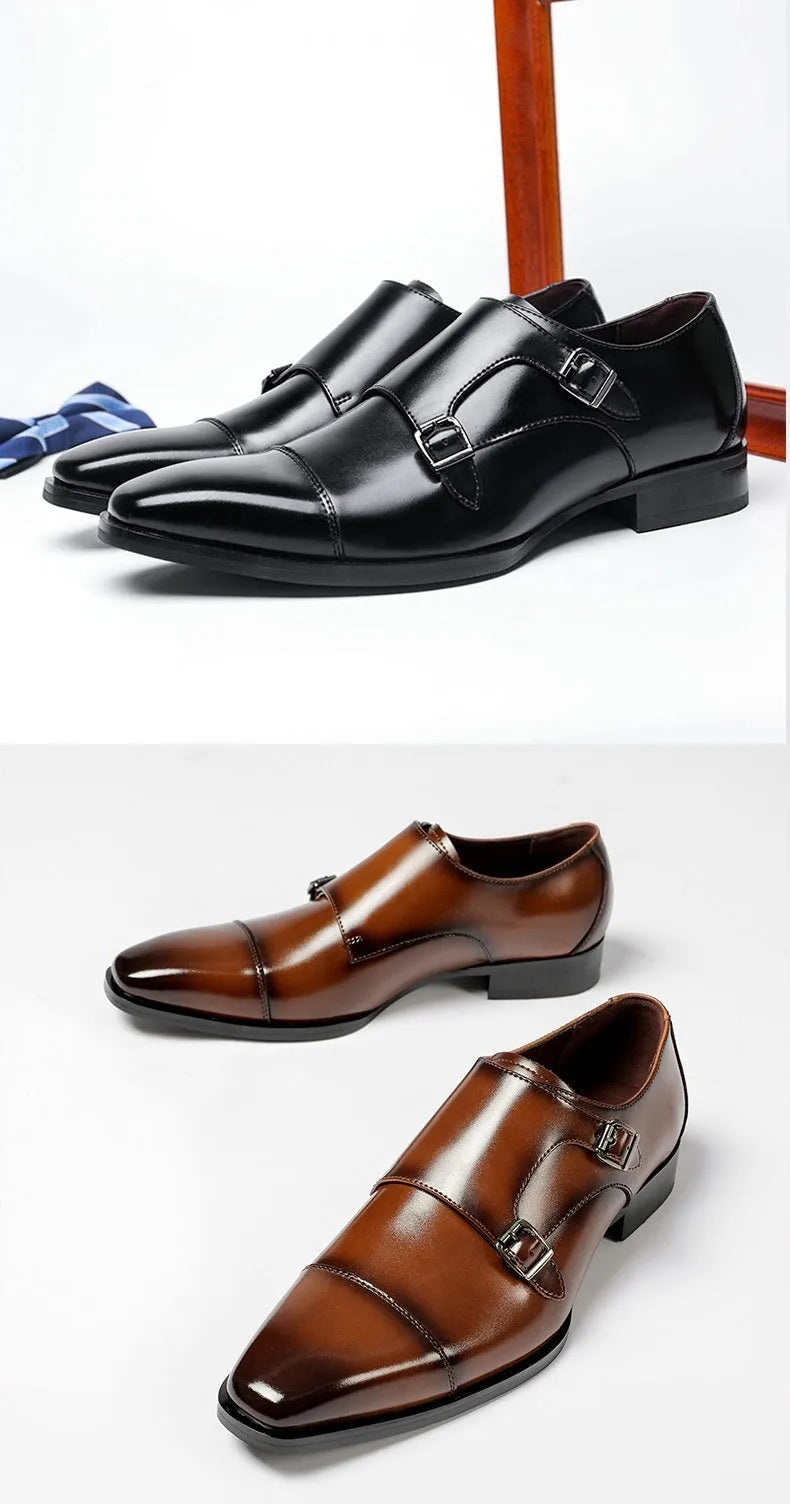 Men's black leather square toe casual shoes with metal accents on a rubber sole.