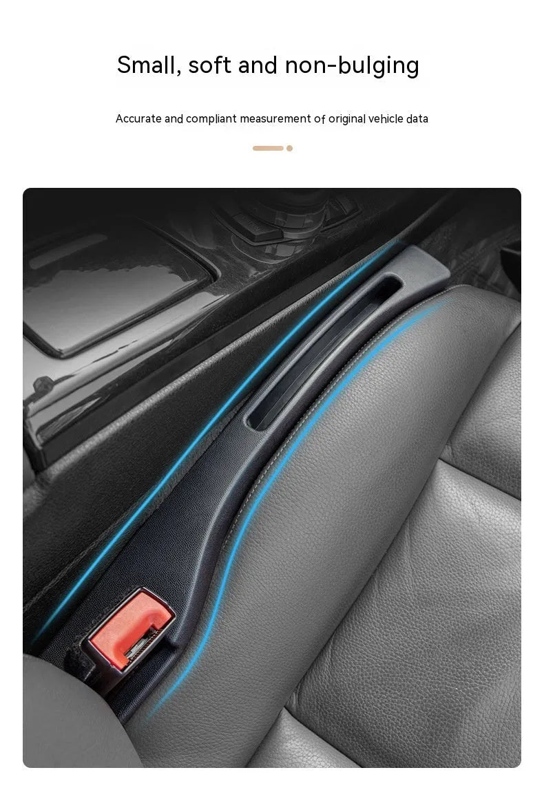 Black plastic car seat gap storage box organiser with handle between car seat and console
