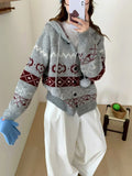 Plus size loose brocade sweater coat with geometric pattern in milky white colour