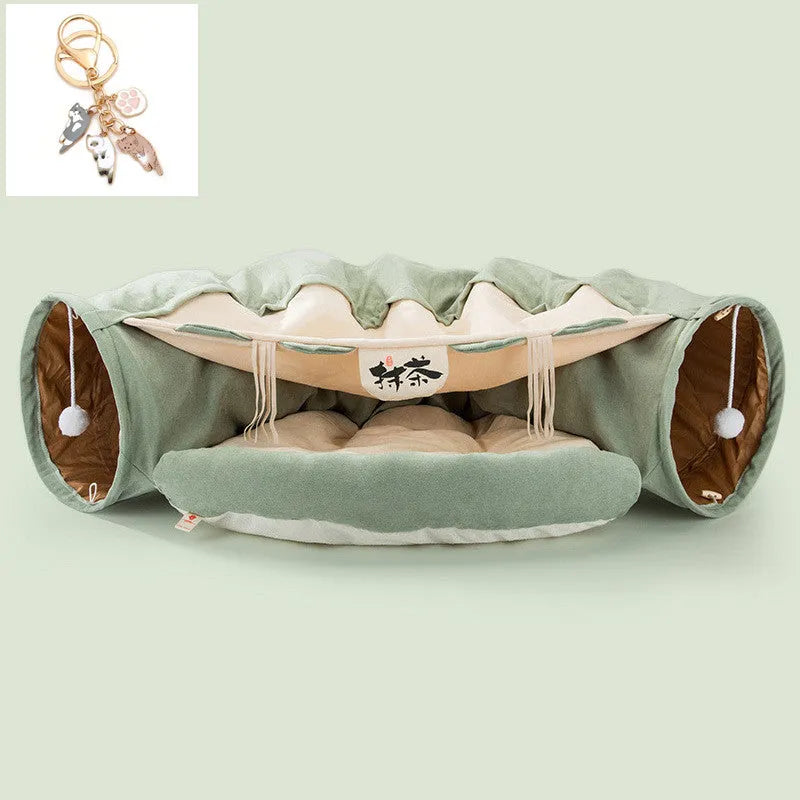 Collapsible cloth cat tunnel in bar, coffee, matcha, or pink colour, showing its 45cm length.