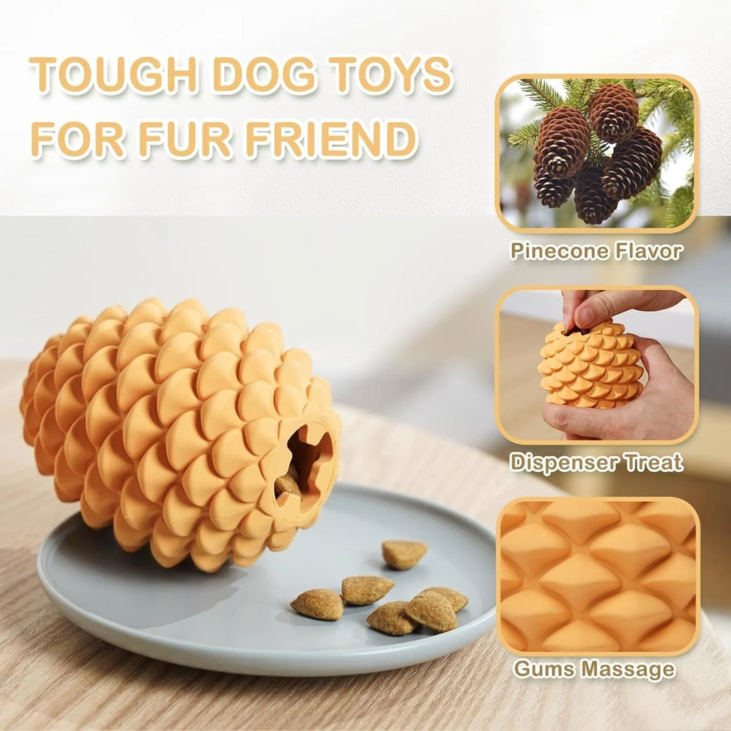 Yellow pine cone shaped dog chew toy with treat dispenser on textured surface