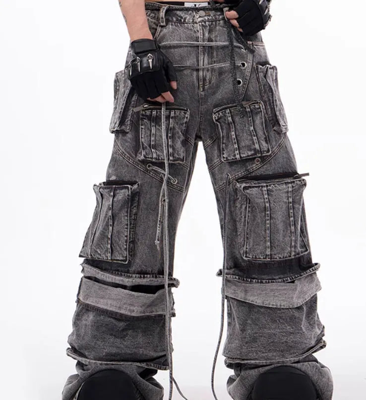 Grey distressed denim mop pants overalls with rope stitching details