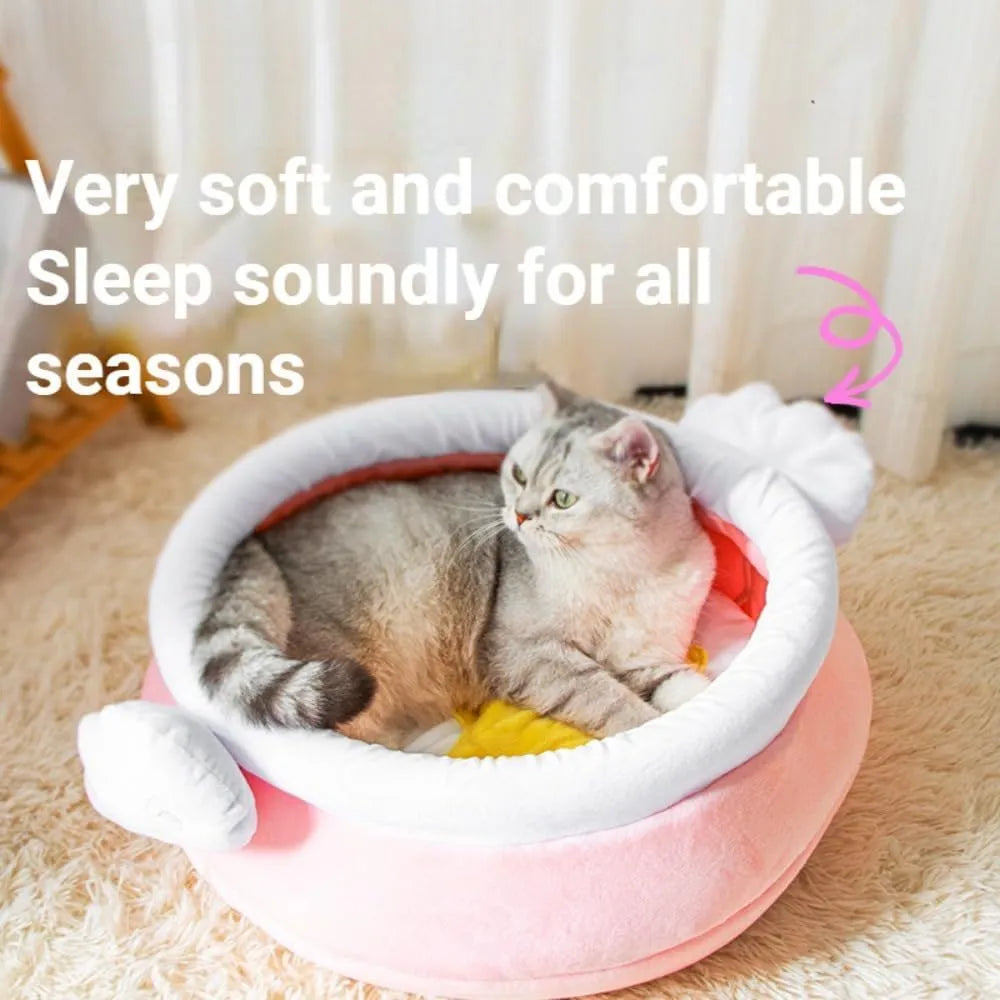 Pink and yellow honey pot shaped cat sofa bed with a soft fabric exterior and large interior space for pets.