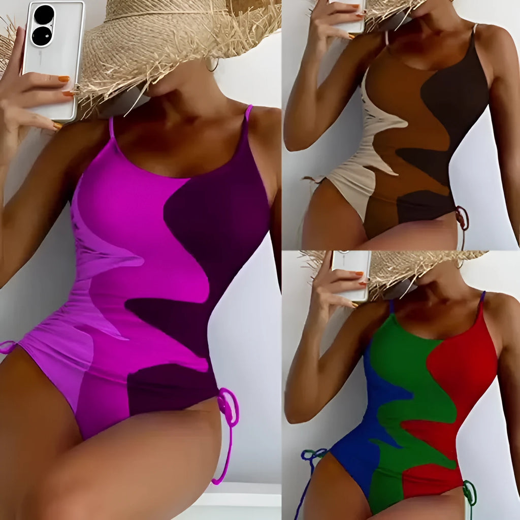 Women's sleeveless backless one-piece swimsuit in blue, purple, brown, or green with solid or striped pattern