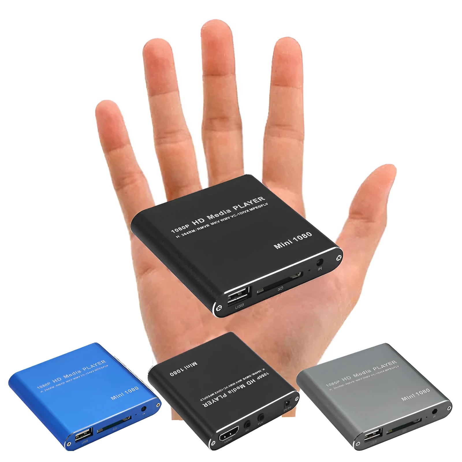 Compact blue 1080P HDMI media player with SD card and USB ports