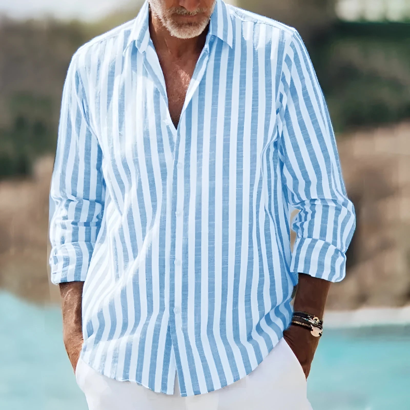 Man wearing loose fit plaid shirt with short sleeves and cardigan styling in polyester fabric