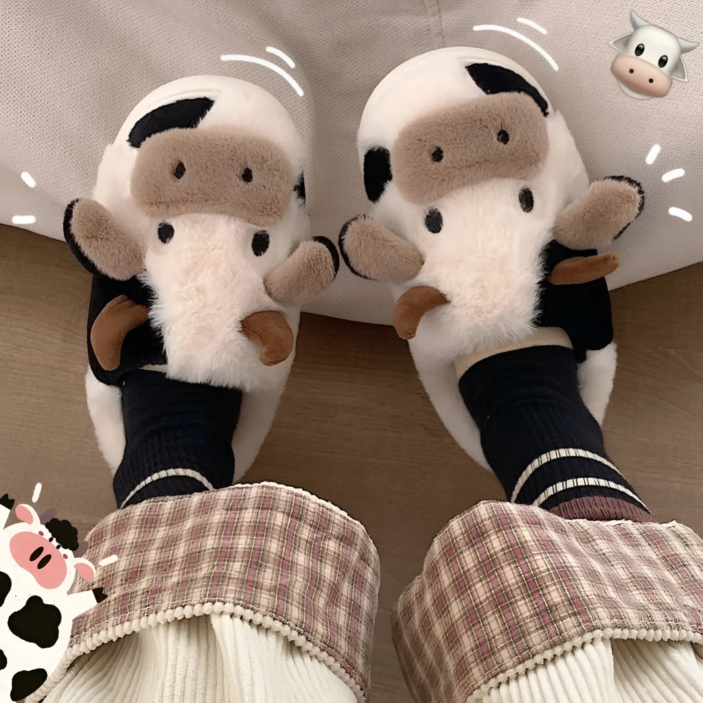 Women's white cartoon cow slippers with fluffy faux fur and anti-slip textured soles