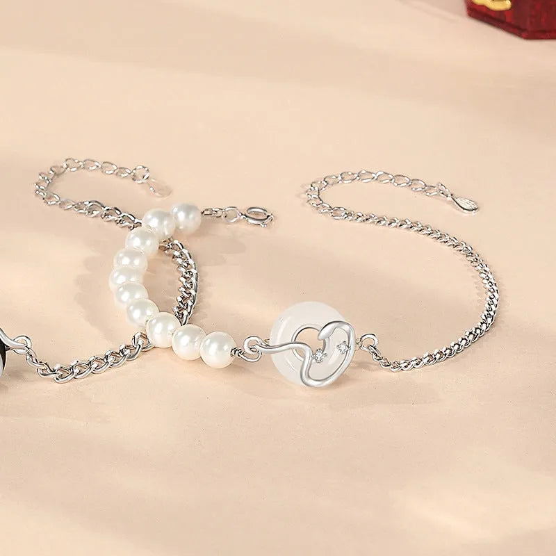 925 sterling silver Chinese obsidian pearl bracelet with safety buckle and zodiac snake design for couples