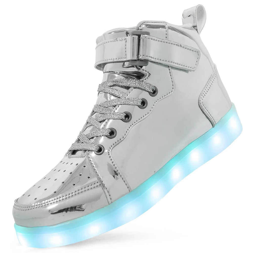 A pair of black high-top LED light-up board shoes with a Velcro strap, showing the illuminated soles.