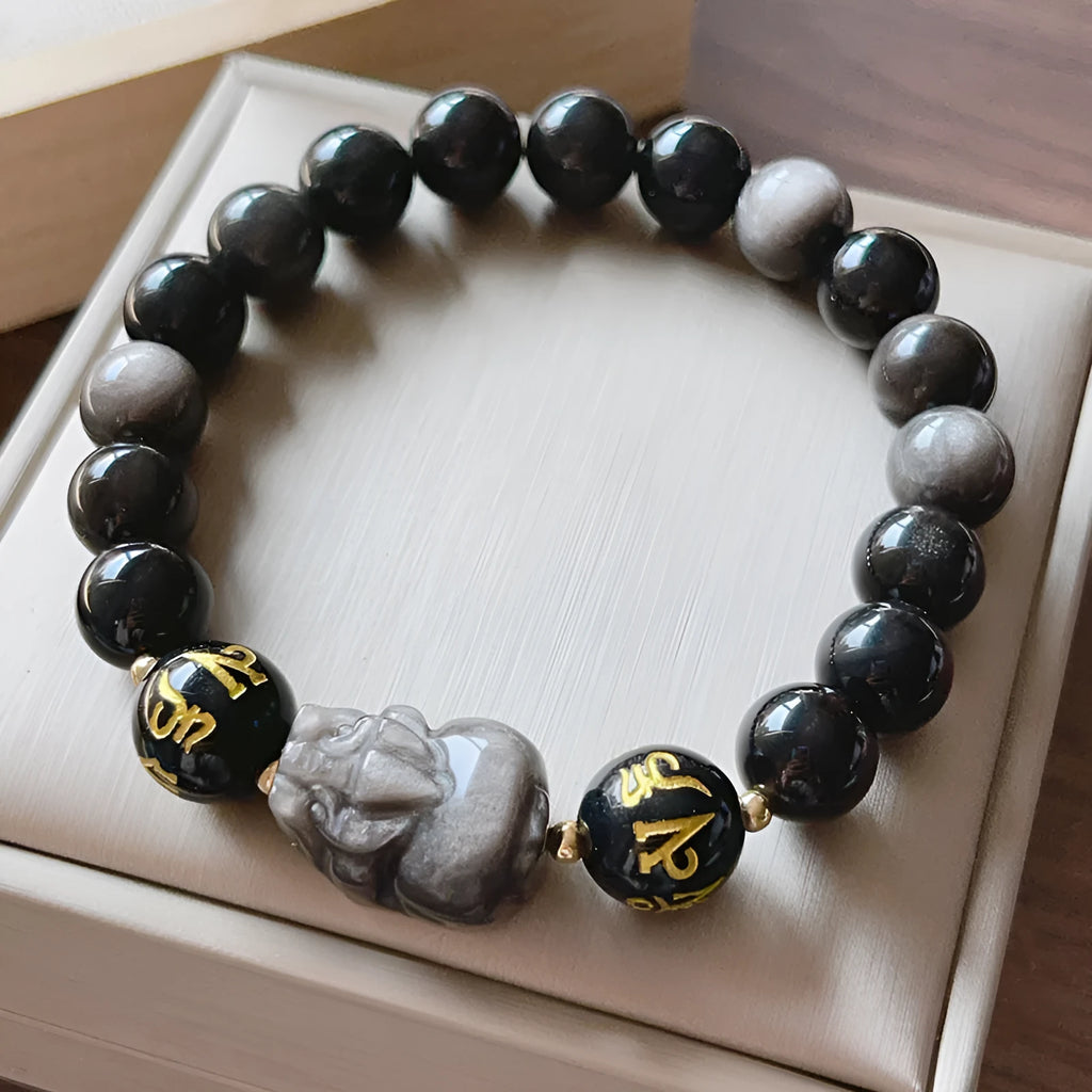 Close-up of a men's adjustable Silverstone bracelet with Chinese zodiac beads and six-word proverbs.
