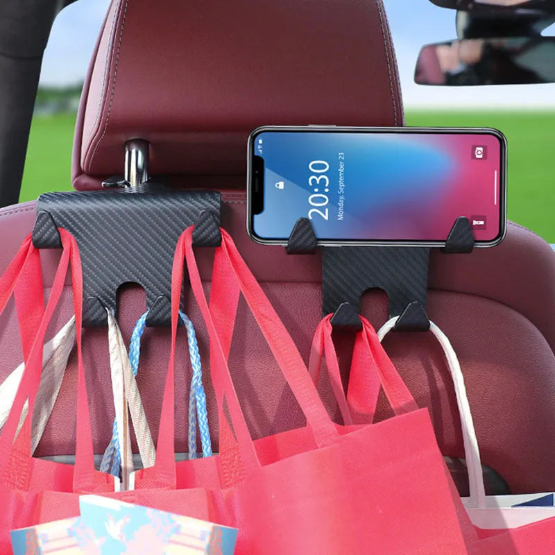 Black ABS plastic car seat hook with integrated mobile phone holder bracket
