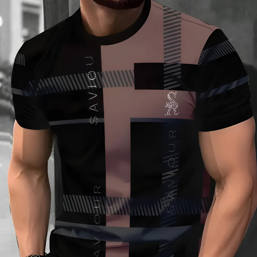Men's loose fit short-sleeve T-shirt featuring a digital 3D printed stripe pattern in various colours.