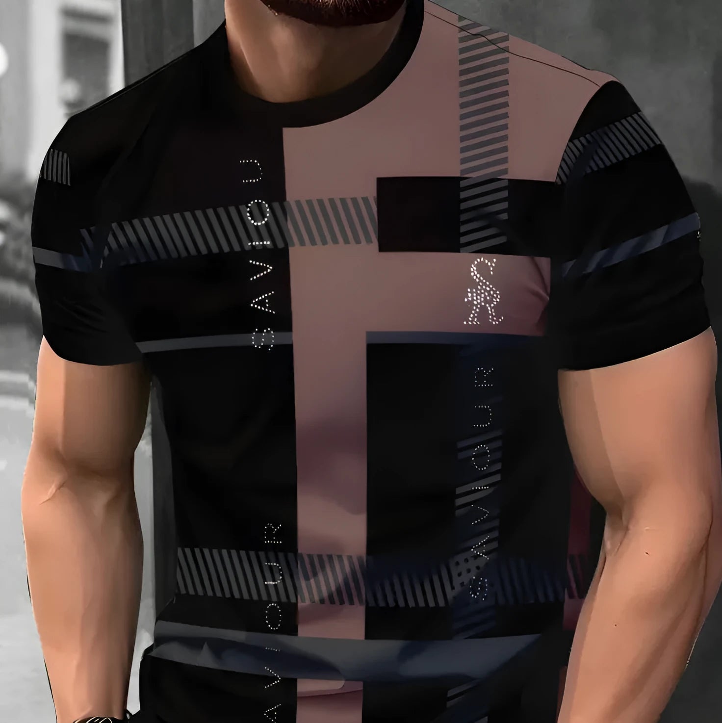Men's loose fit short-sleeve T-shirt featuring a digital 3D printed stripe pattern in various colours.