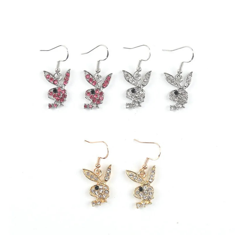 Cute rabbit stud earrings with diamond pattern in gold, pink, or silver alloy.