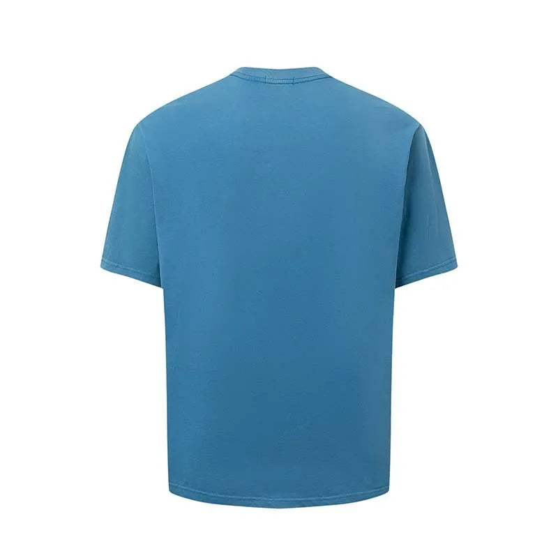 Men's American retro-style letter printed t-shirt in loose fit blue or white cotton blend fabric