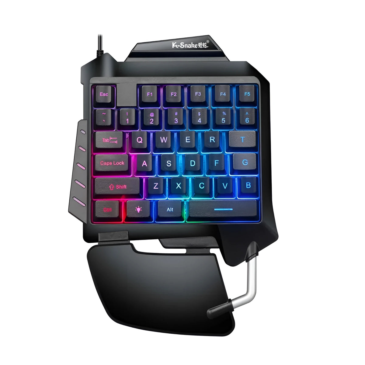 Black one-handed gaming keyboard with integrated left joystick and palm rest