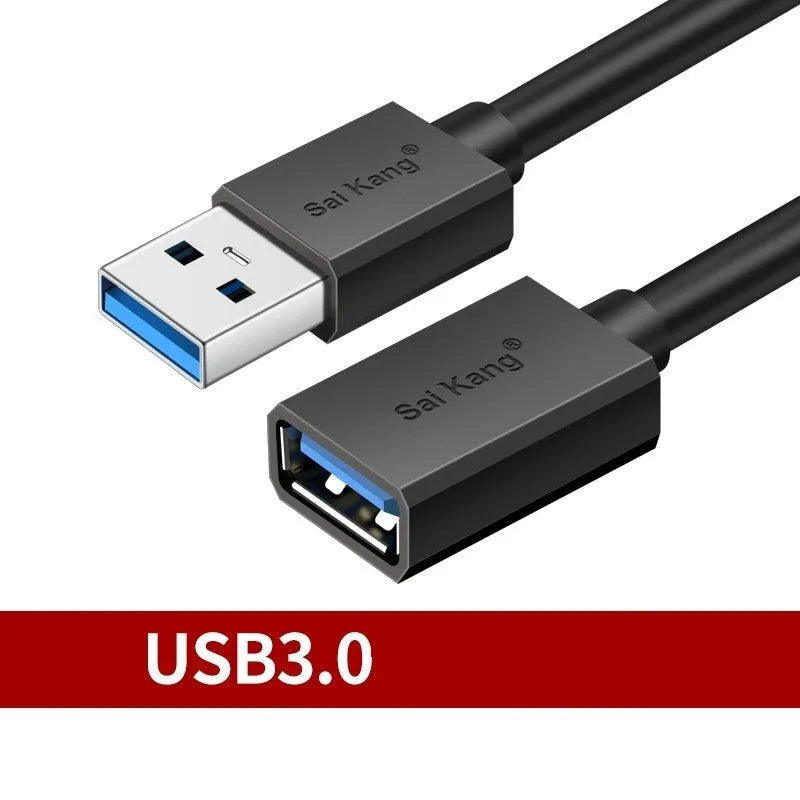 Black USB extension cable with male and female connectors showing length options and double-shielded construction.